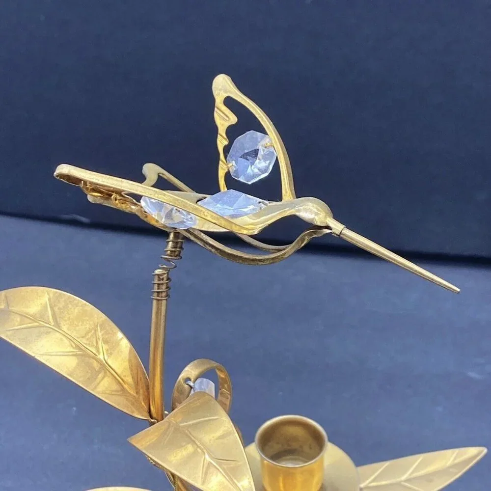 90s MASCOT USA Austrian Crystal Hummingbird Candle Holder 24K Gold Plated 8